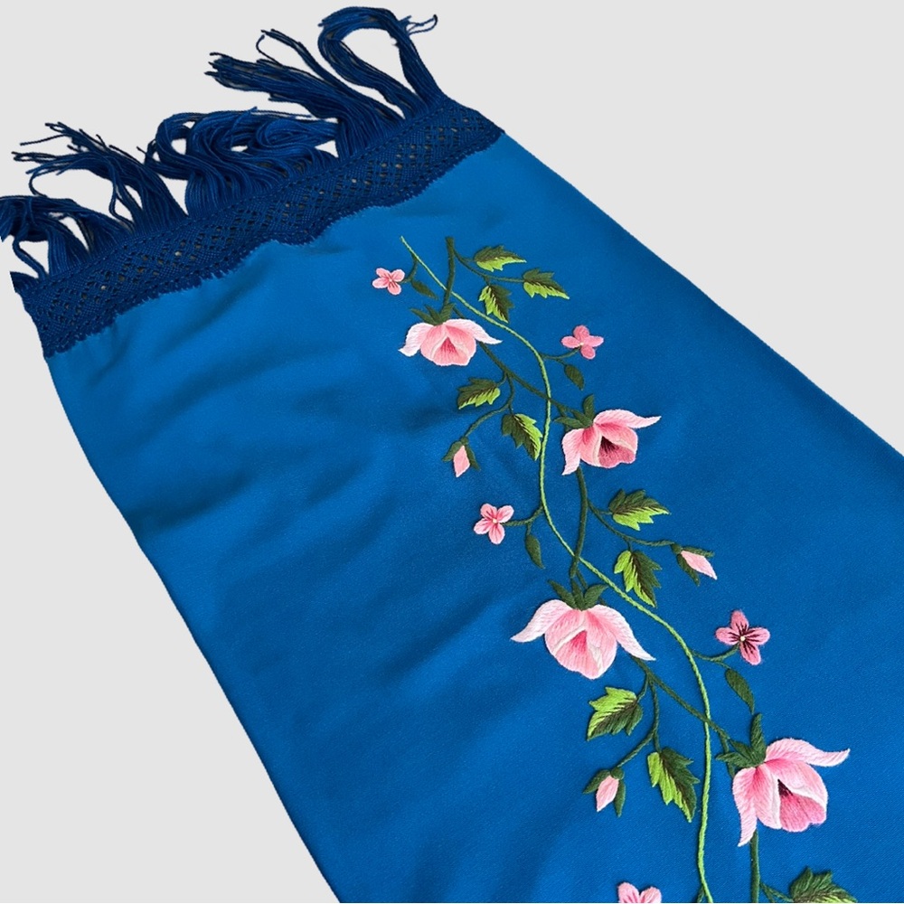 Peruvian designer shawl royal blue w/pink embroidered flowers